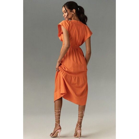 Anthropologie Flutter-Sleeve Linen Button-Front Midi Dress - Picture 4 of 10